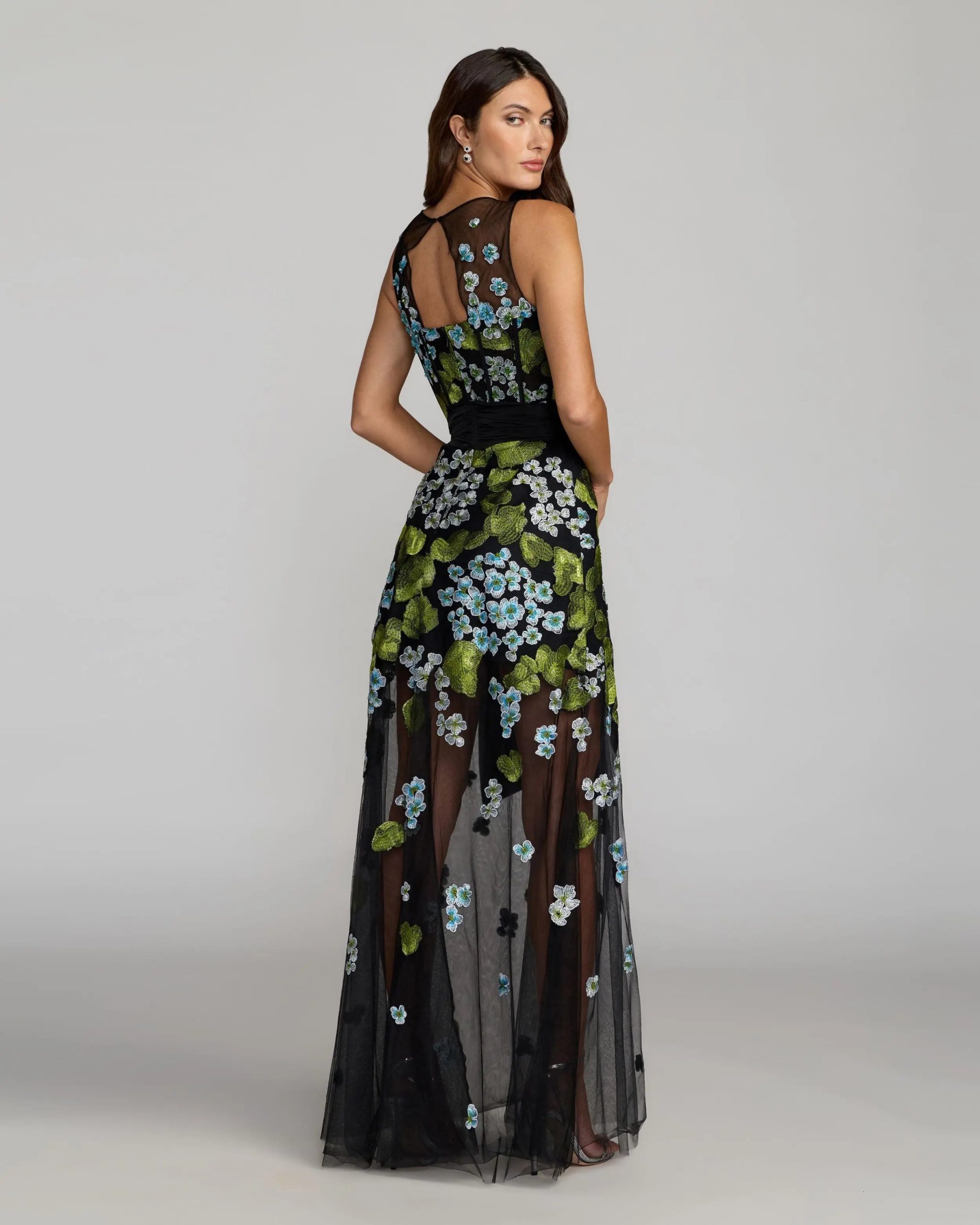 Black Floral Embroidered Corset Gown With Bow - Image 3