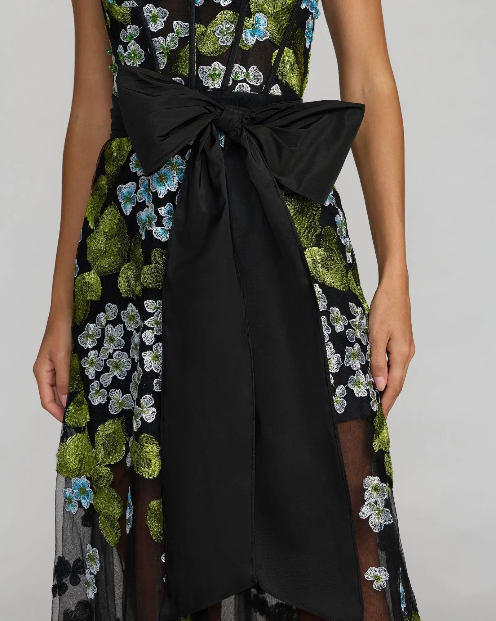 Black Floral Embroidered Corset Gown With Bow - Image 2