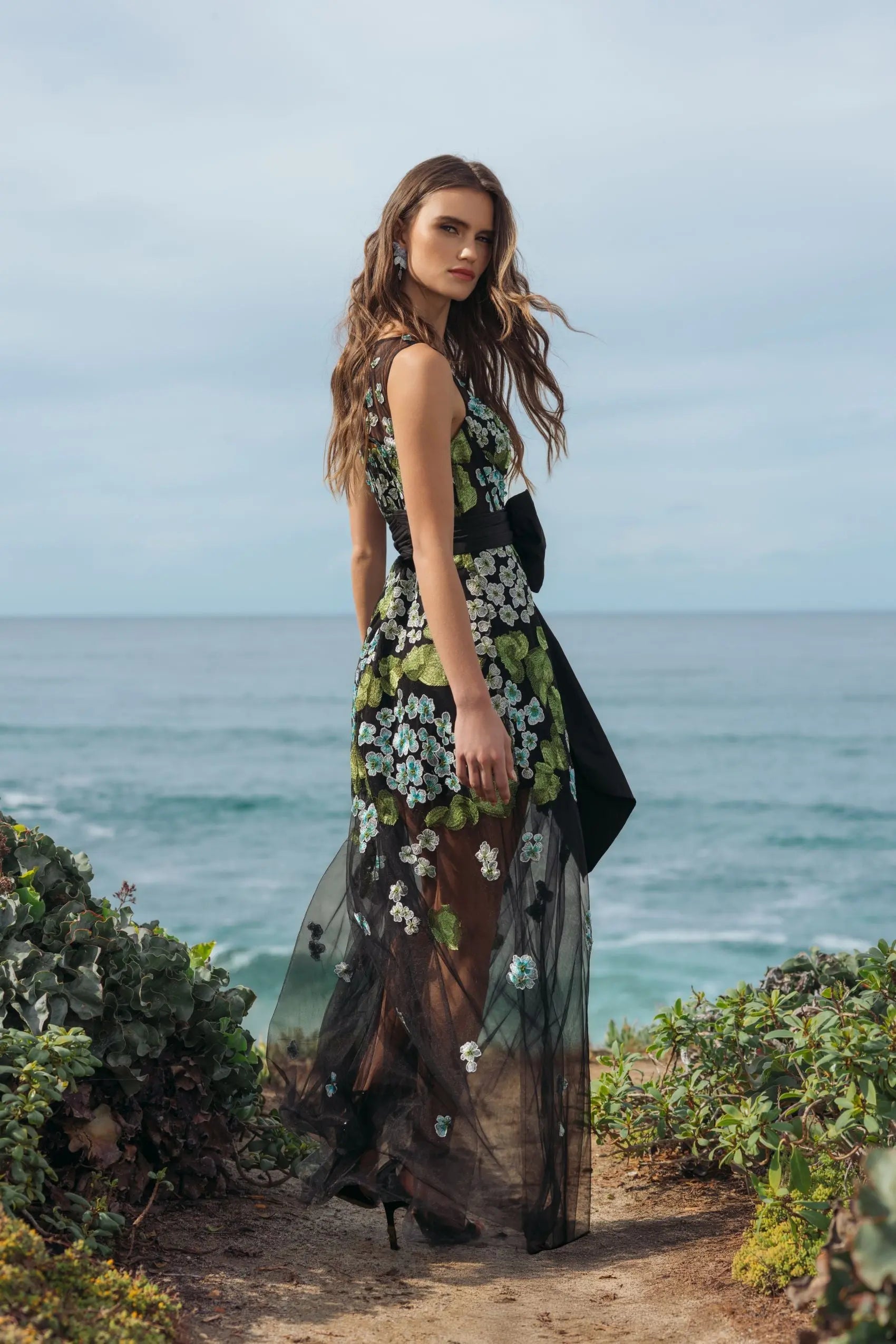 Black Floral Embroidered Corset Gown With Bow - Image 6
