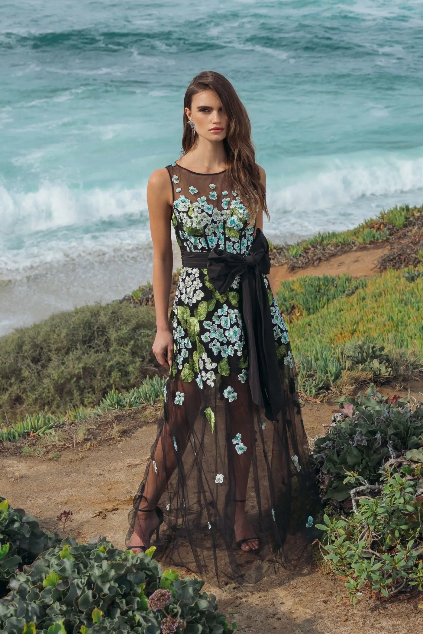 Black Floral Embroidered Corset Gown With Bow - Image 4