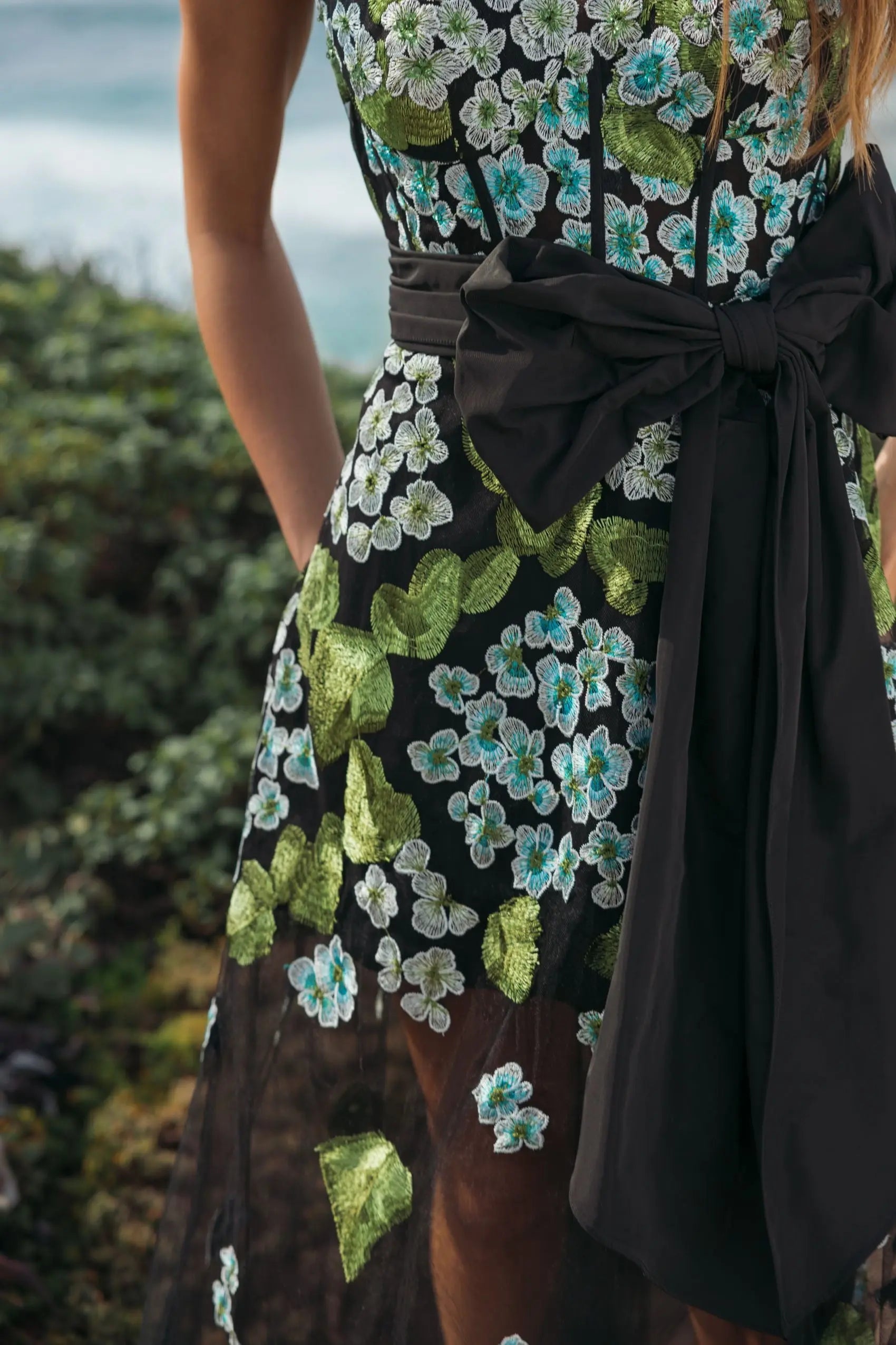 Black Floral Embroidered Corset Gown With Bow - Image 5