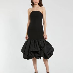 Black Crepe Strapless Midi Dress With Bubble Hem