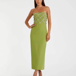Green Strapless Crystal Embellished Midi Dress