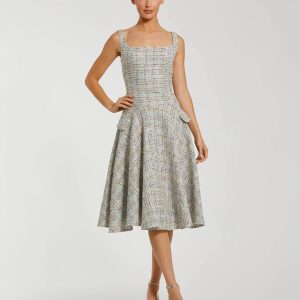 Multicolor Sleeveless Drop Waist Boucle Midi Dress