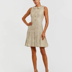 Gold Sleeveless Boucle Mini Dress with Pleats