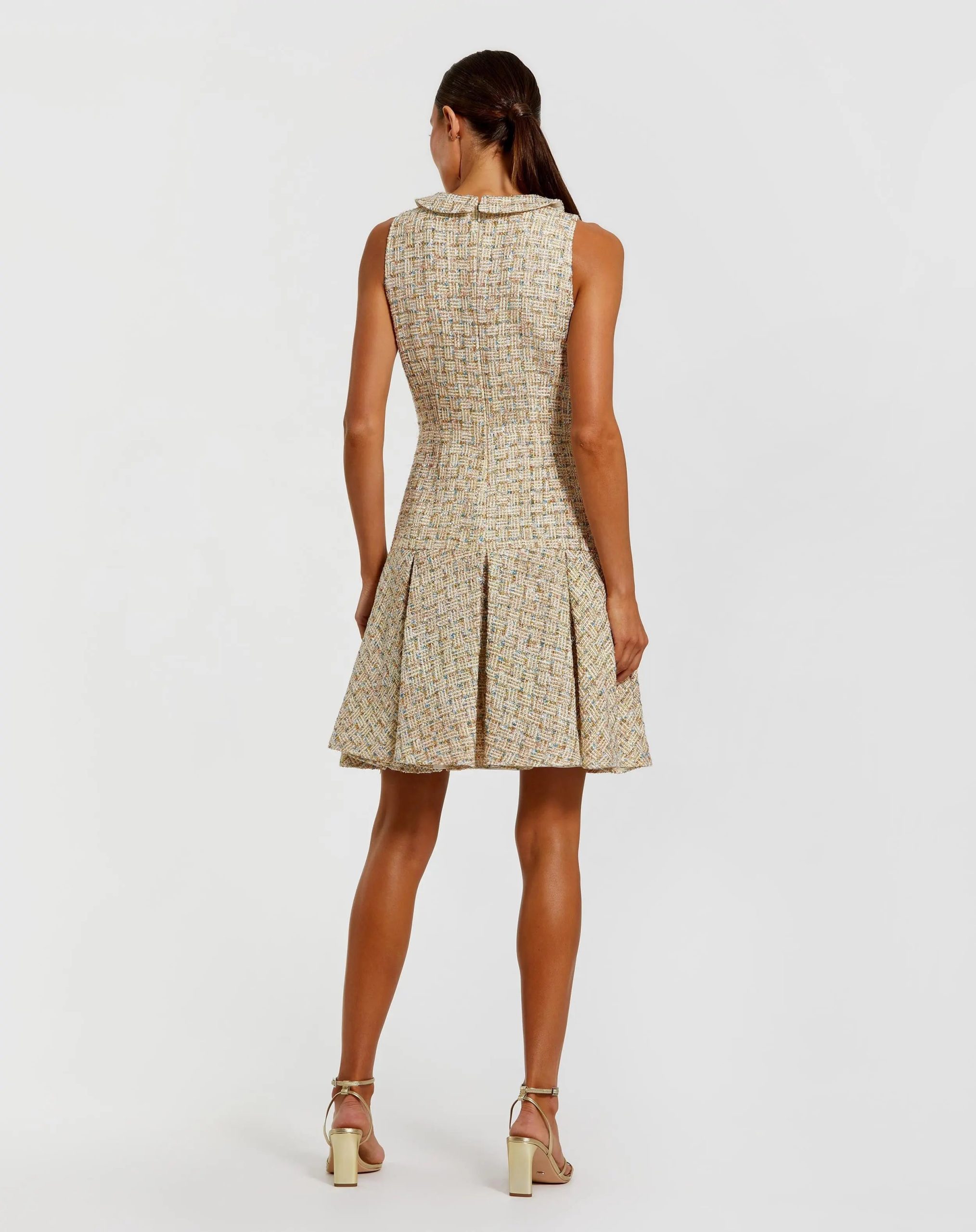 Gold Sleeveless Boucle Mini Dress with Pleats - Image 3