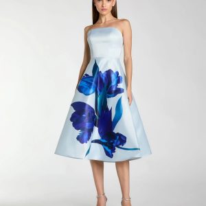 Blue Strapless Satin Midi Dress With Flower Print
