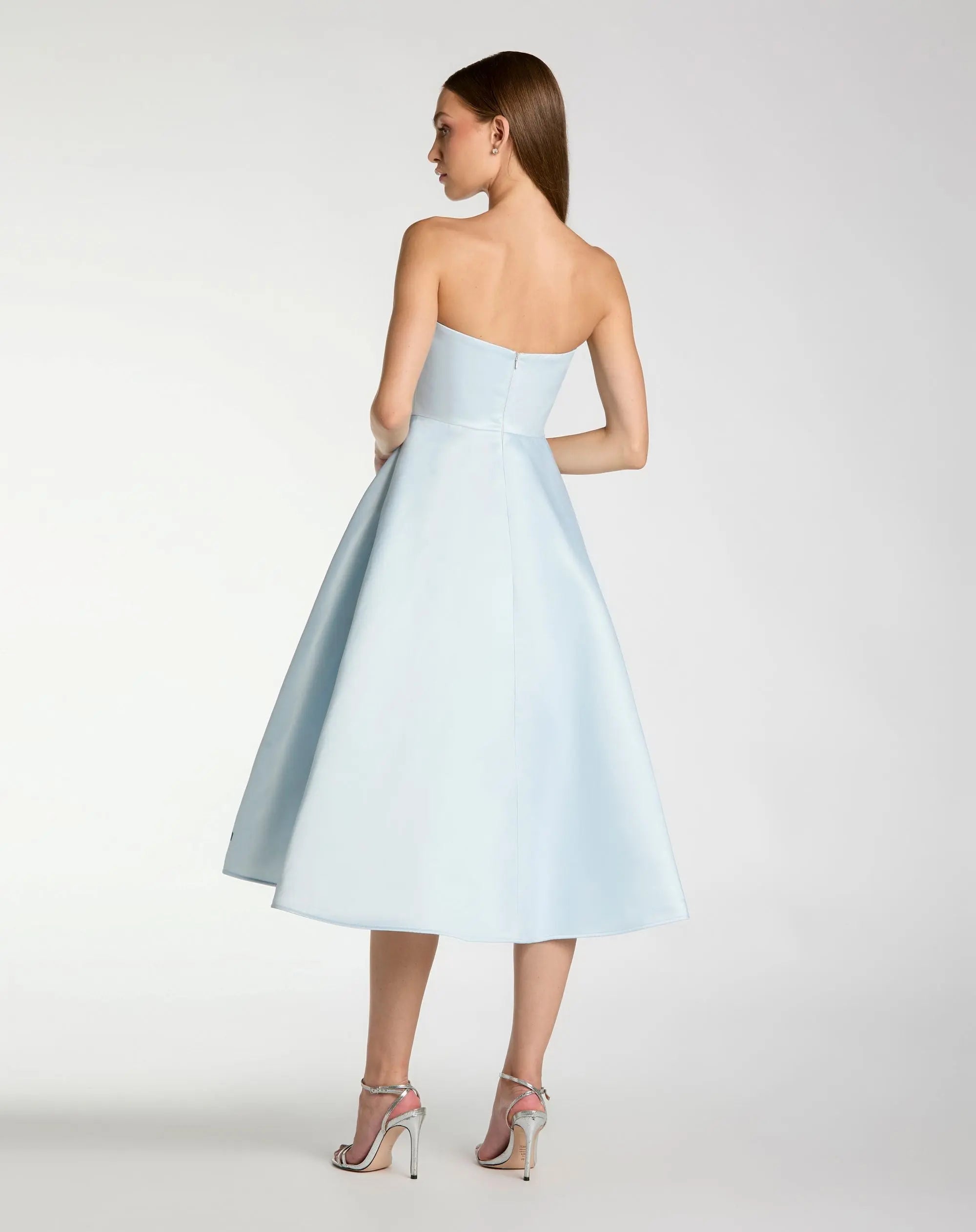 Blue Strapless Satin Midi Dress With Flower Print - Image 3
