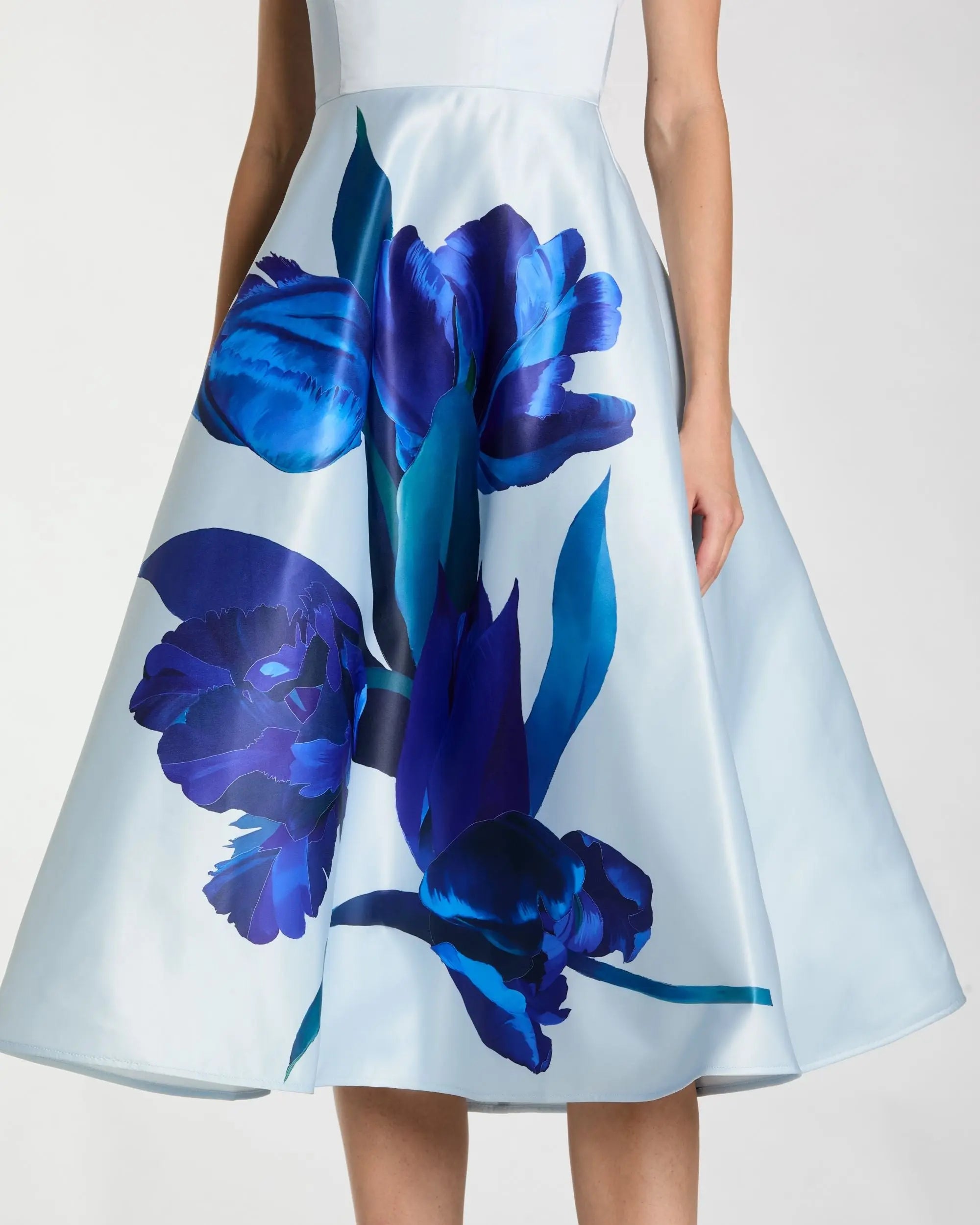 Blue Strapless Satin Midi Dress With Flower Print - Image 2