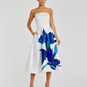 White Strapless Satin Midi Dress With Flower Print