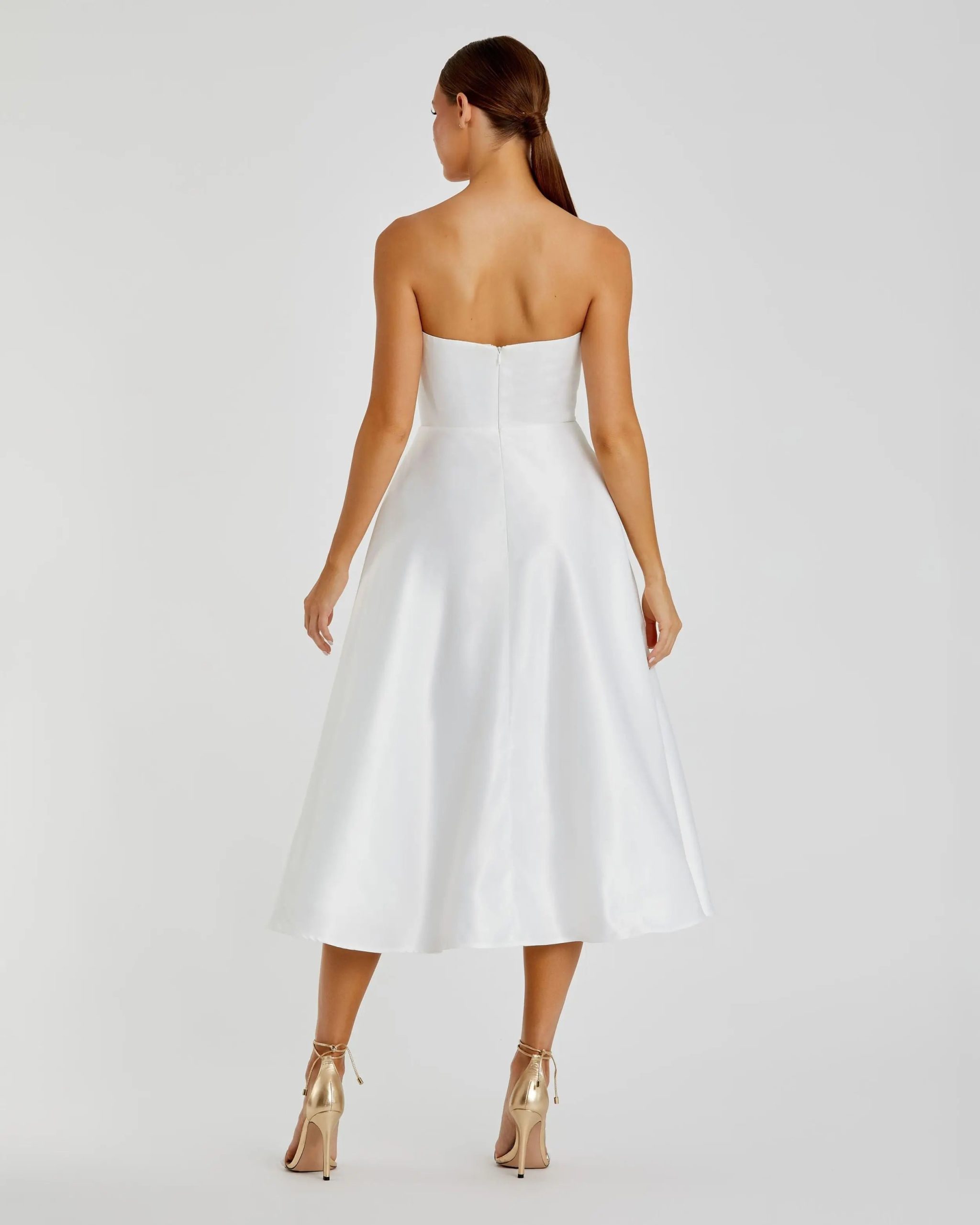 White Strapless Satin Midi Dress With Flower Print - Image 3