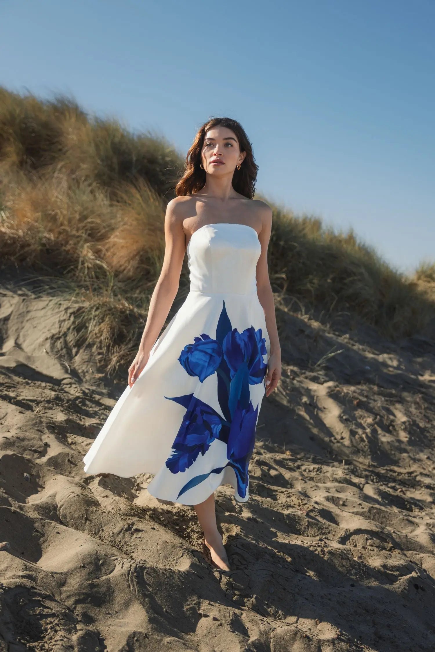White Strapless Satin Midi Dress With Flower Print - Image 6