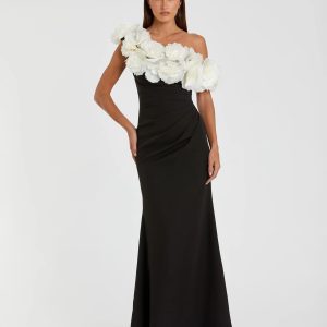 Black and White Jersey Gown With 3D Flower Off The Shoulder Detail