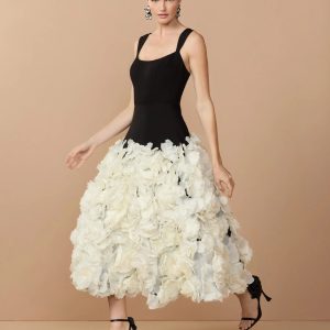Black Sleeveless A-Line Midi Dress With 3D Floral Skirt
