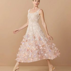 Pink Sleeveless Beaded Midi Dress With 3D Flowers