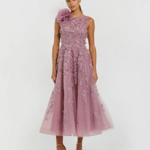 Purple High Neck Embellished Midi Dress with 3D Flower