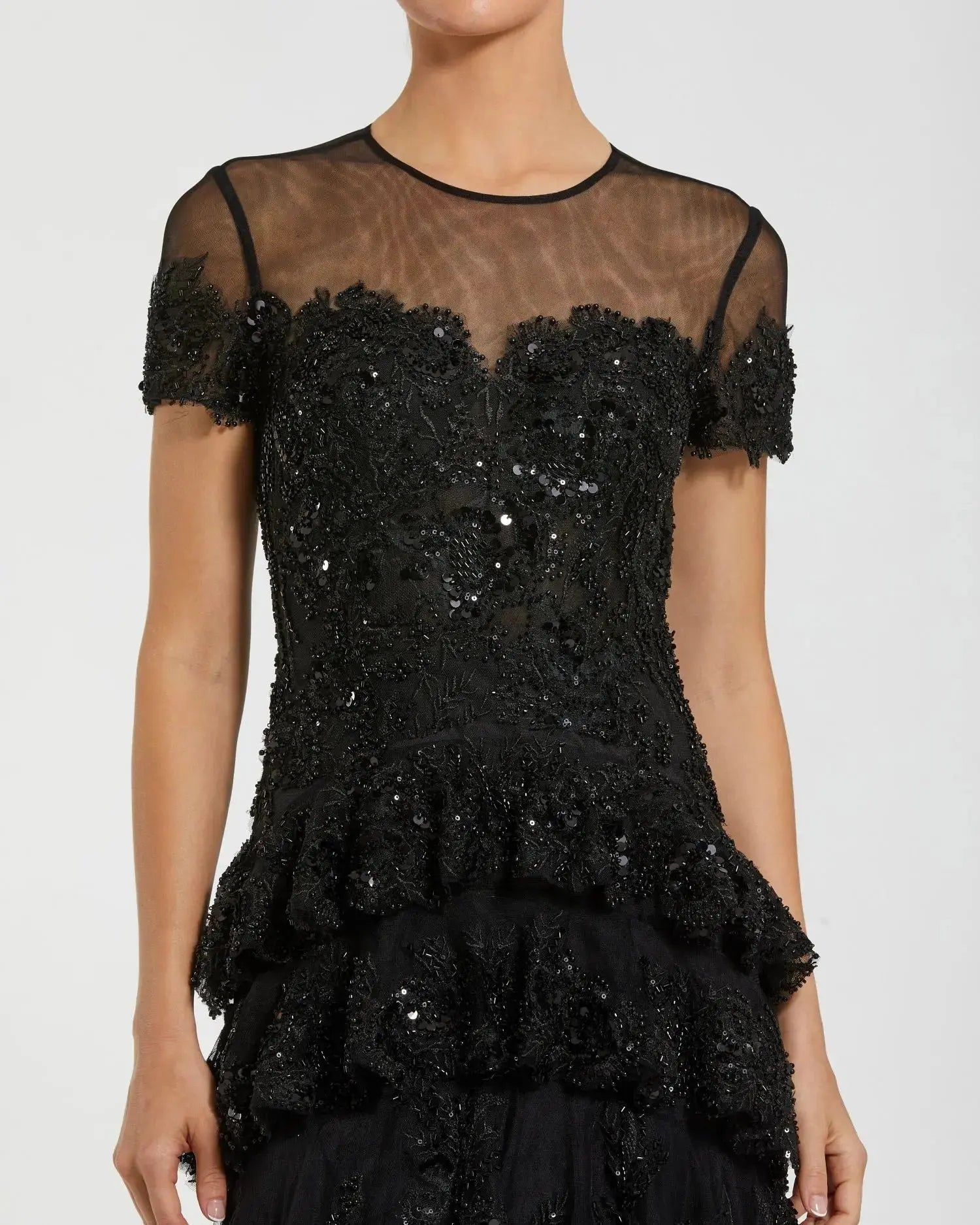 Black Embellished High Neck Gown With Tiered Ruffle Skirt - Image 5