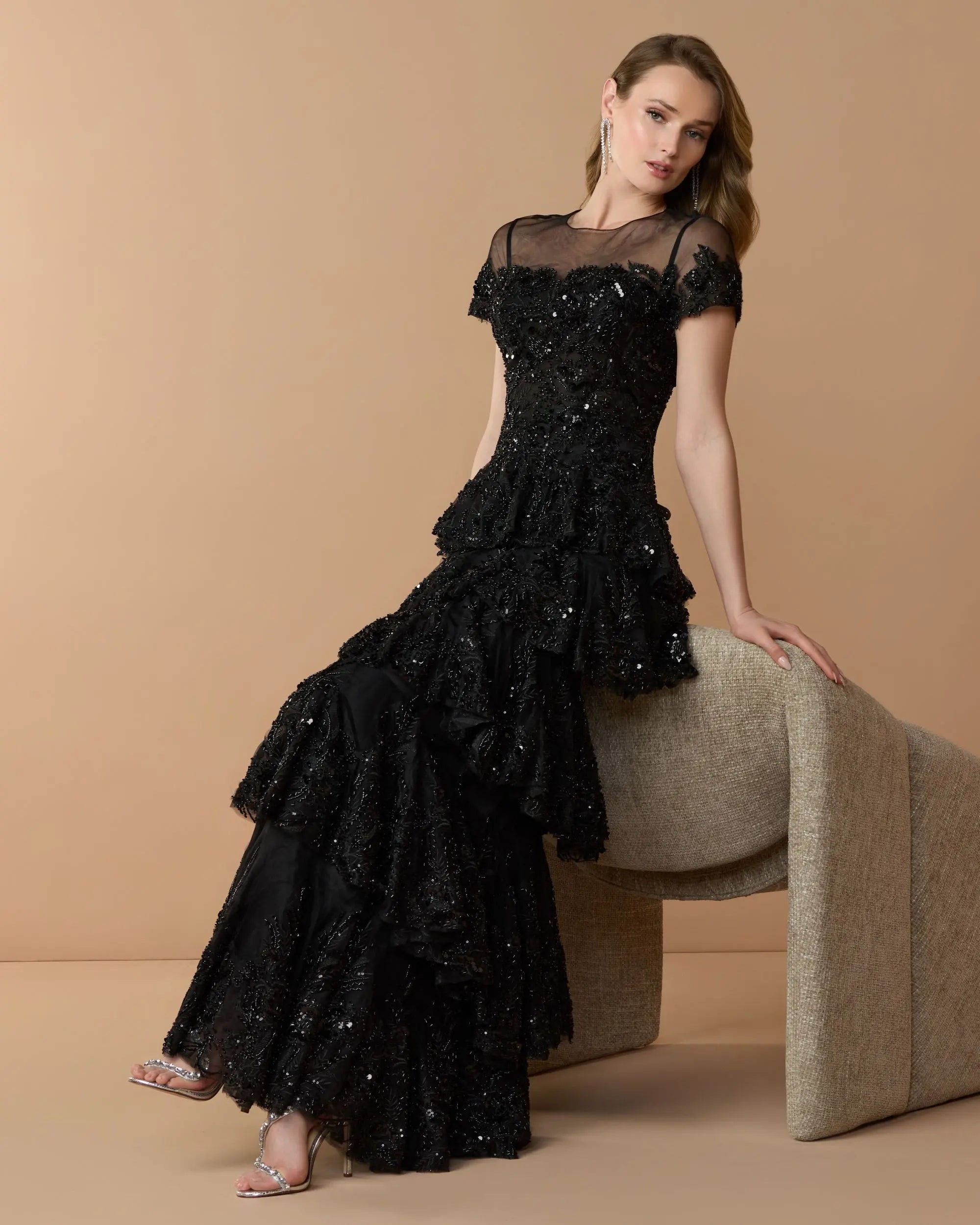 Black Embellished High Neck Gown With Tiered Ruffle Skirt - Image 3