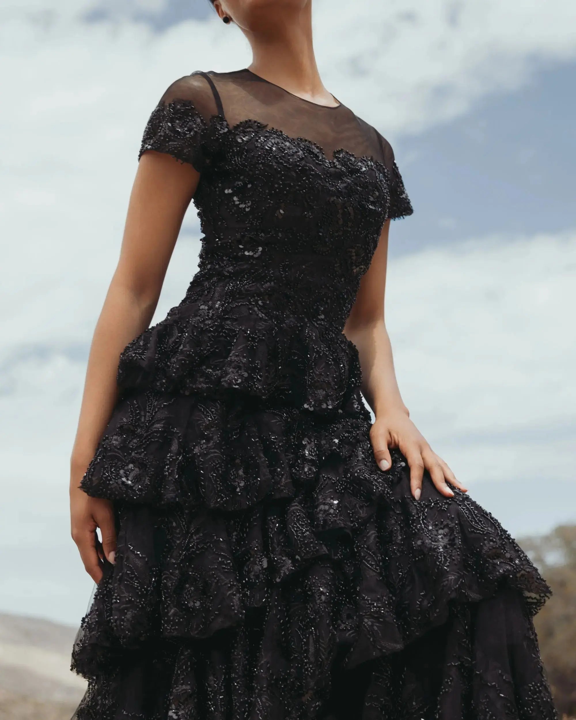 Black Embellished High Neck Gown With Tiered Ruffle Skirt - Image 9