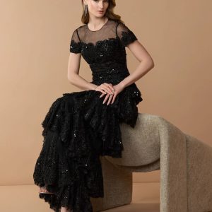 Black Embellished High Neck Gown With Tiered Ruffle Skirt