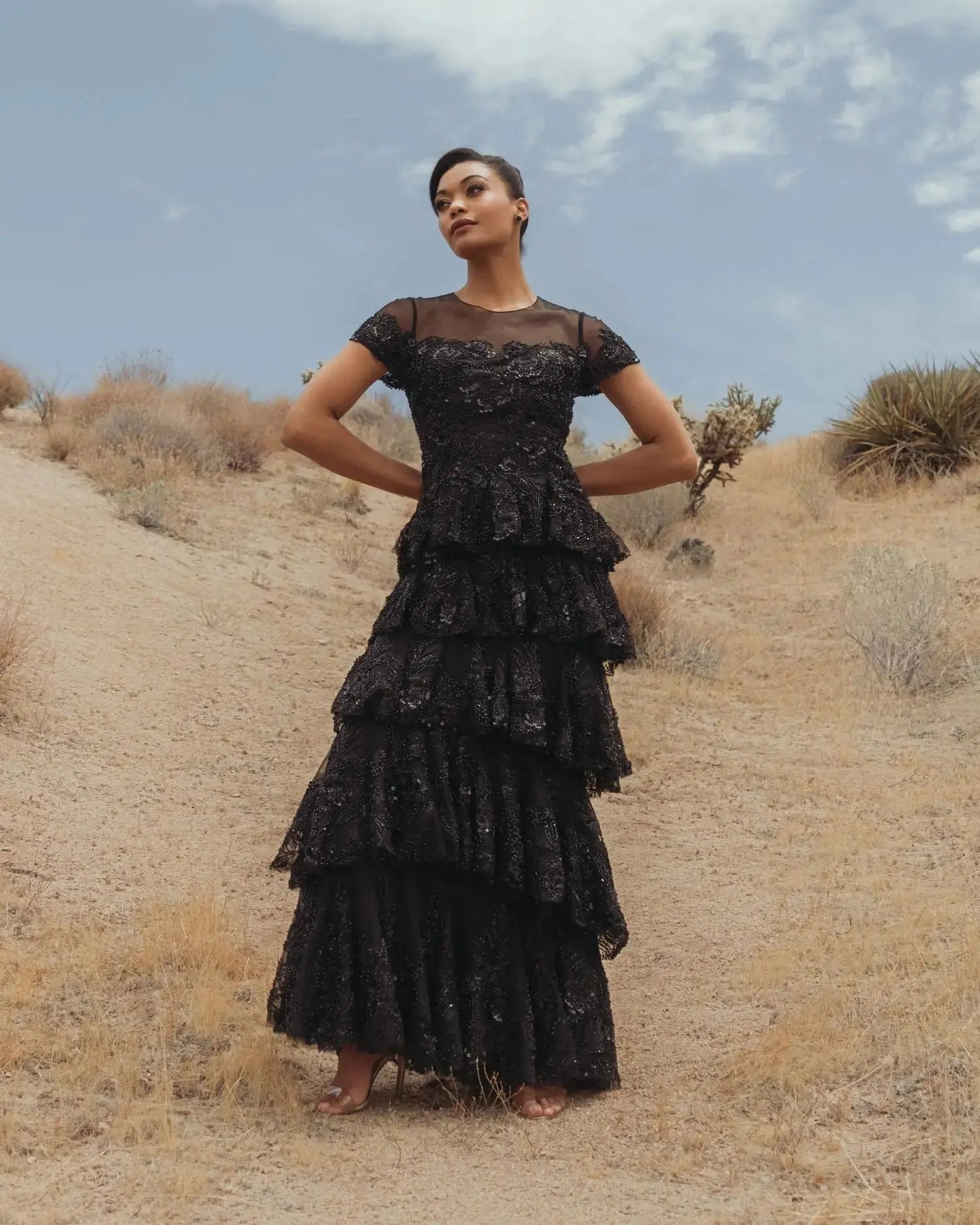 Black Embellished High Neck Gown With Tiered Ruffle Skirt - Image 7