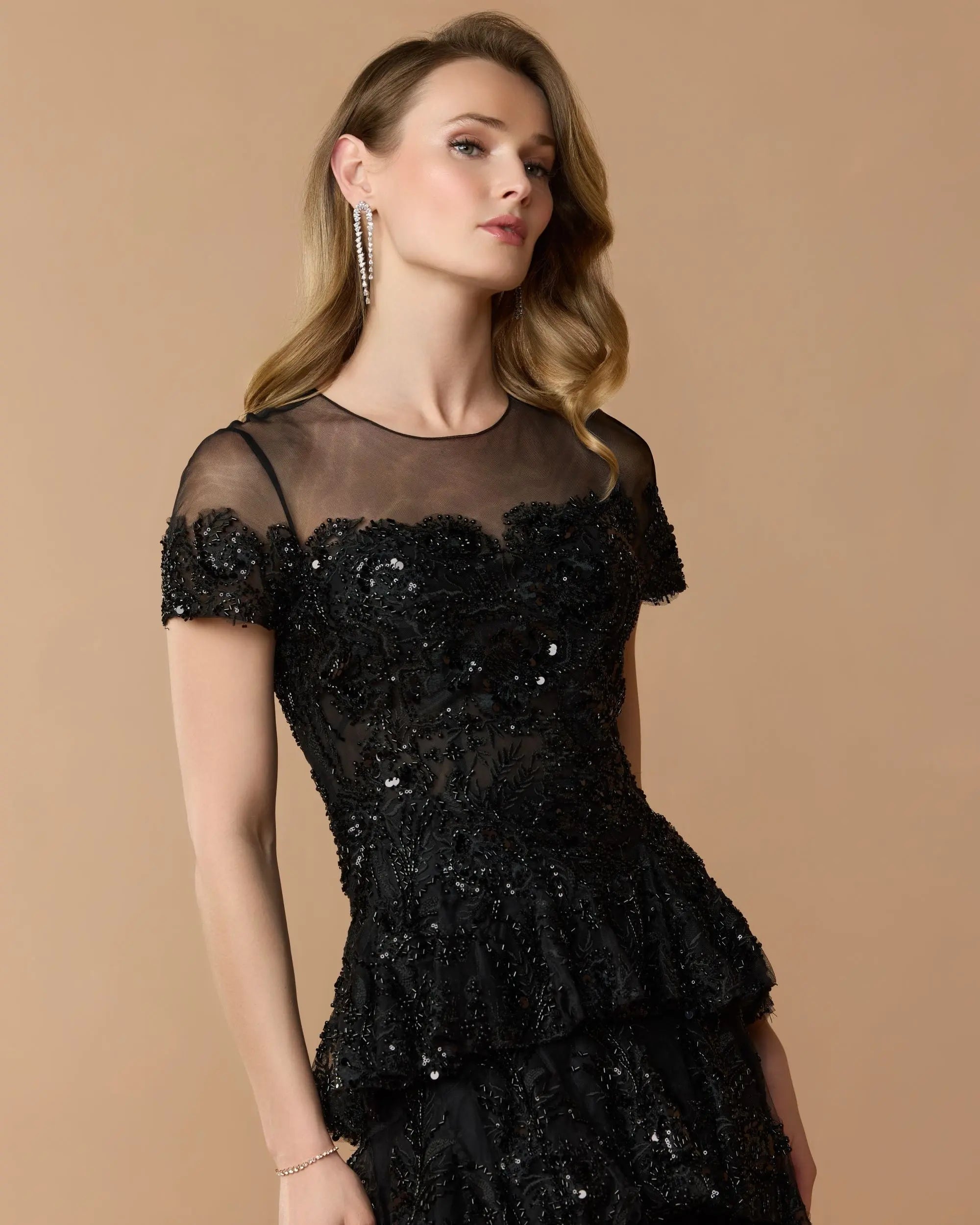 Black Embellished High Neck Gown With Tiered Ruffle Skirt - Image 2