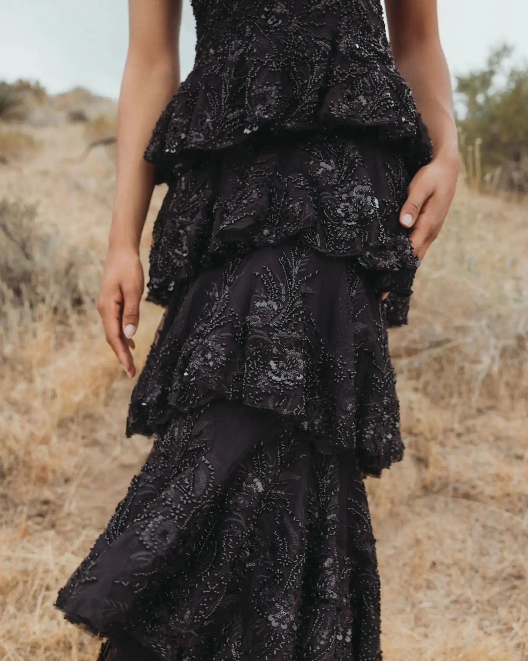 Black Embellished High Neck Gown With Tiered Ruffle Skirt - Image 8