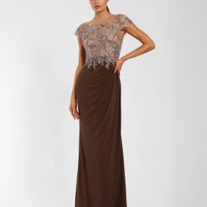 Brown Crystal Applique Embellished Jersey Gown