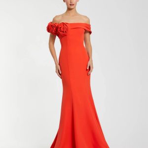 Orange Off The Shoulder Crepe Mermaid Gown