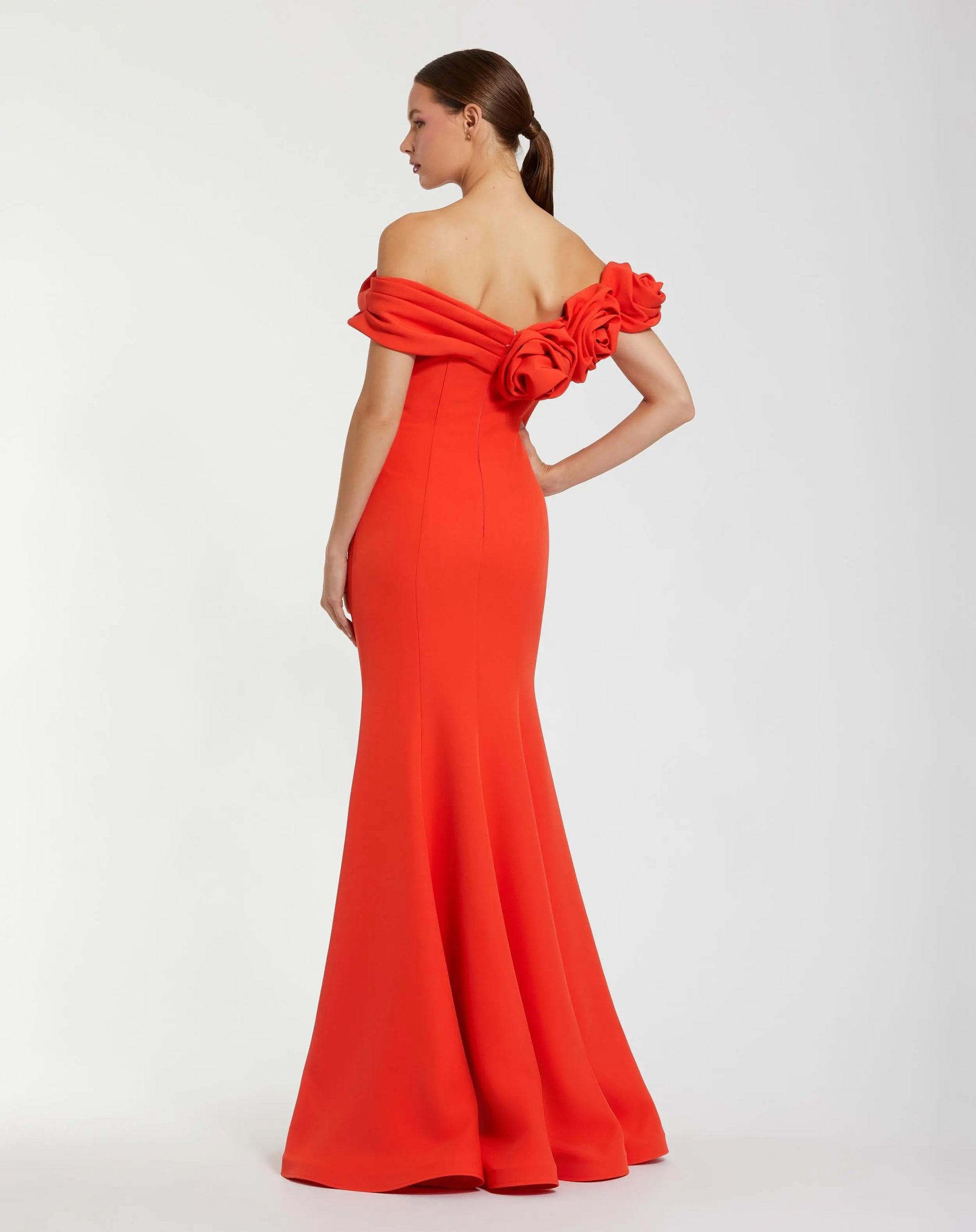 Orange Off The Shoulder Crepe Mermaid Gown - Image 3