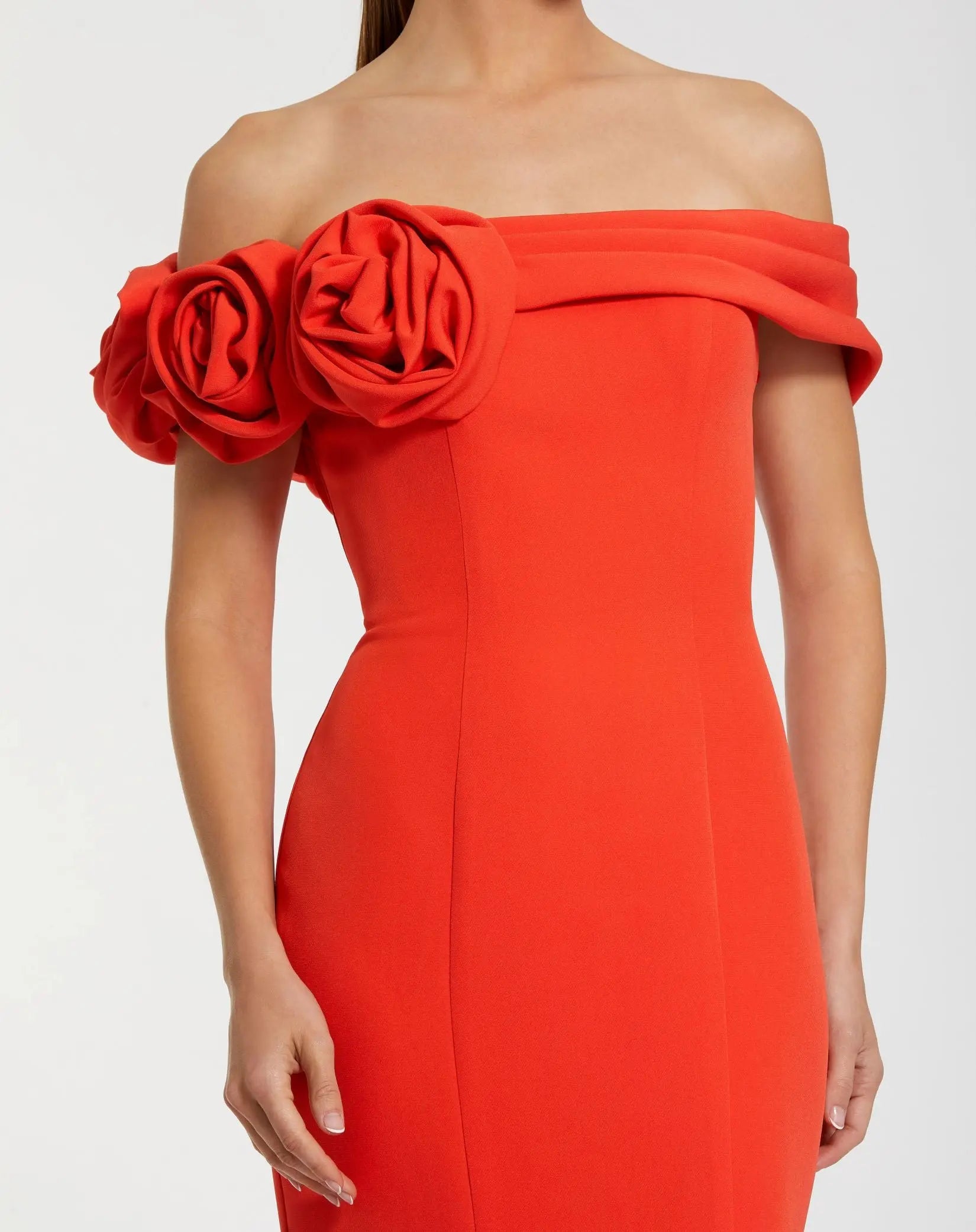 Orange Off The Shoulder Crepe Mermaid Gown - Image 2