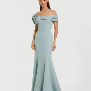 Blue Off The Shoulder Crepe Mermaid Gown