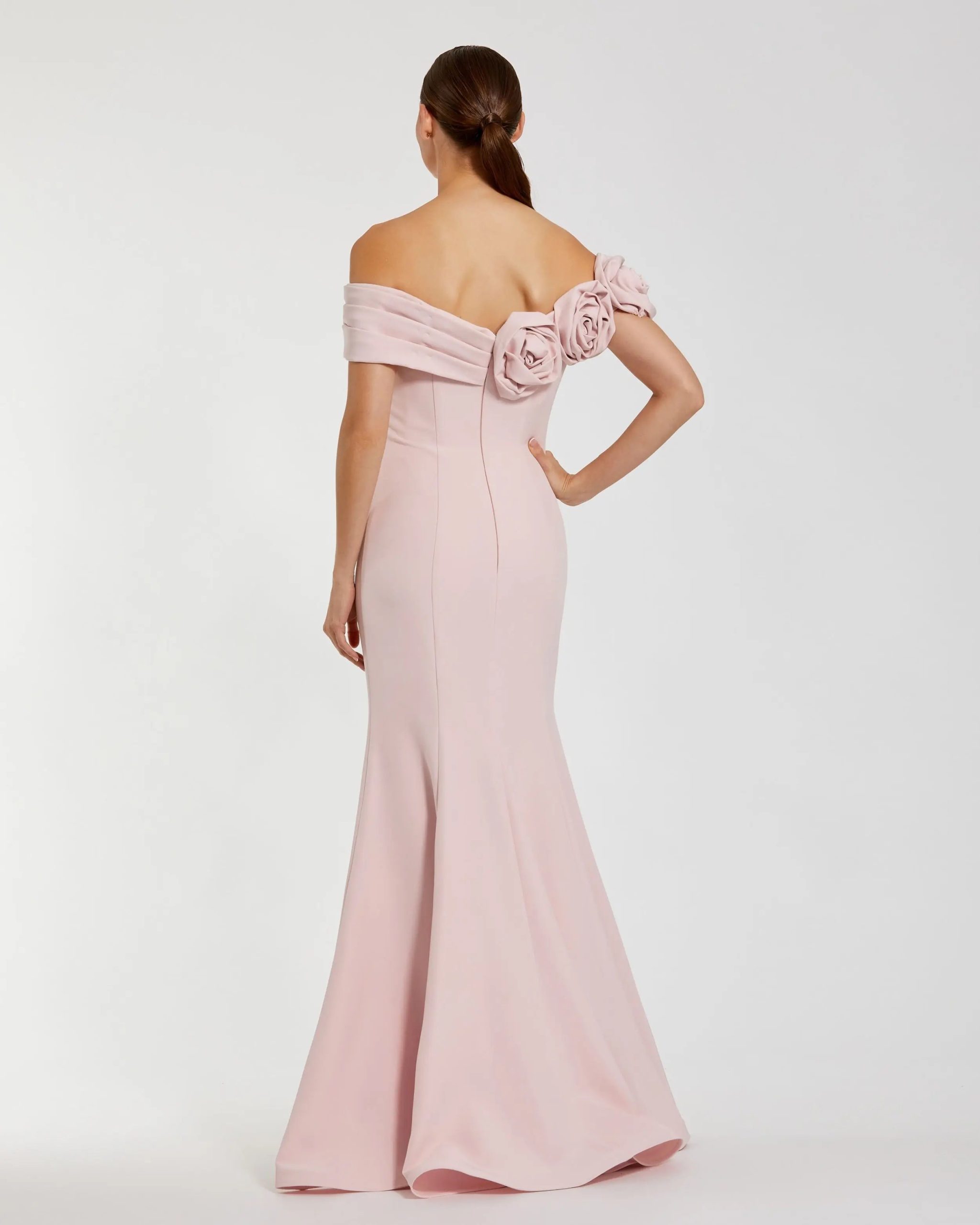 Light Pink Off The Shoulder Crepe Mermaid Gown - Image 3