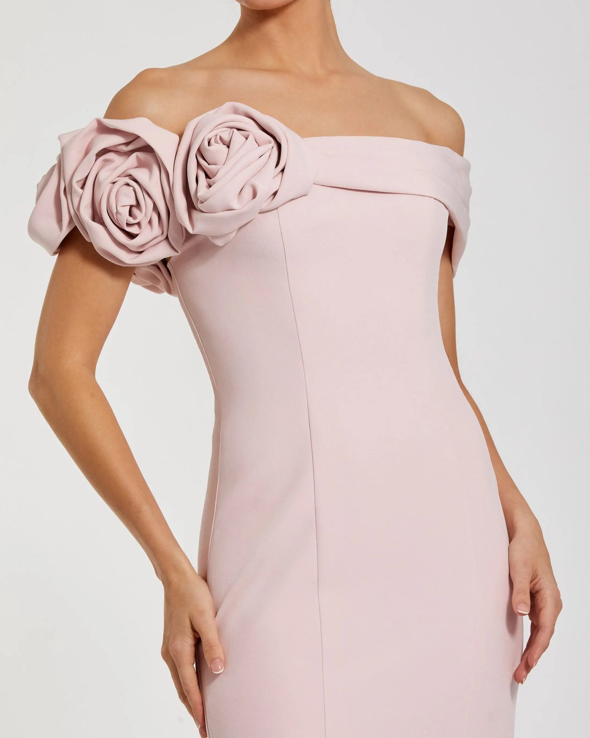 Light Pink Off The Shoulder Crepe Mermaid Gown - Image 2