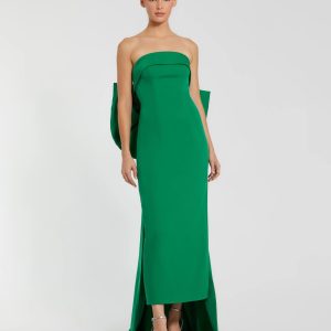 Green Strapless Crepe Sheath Dress with Bow