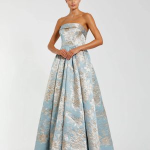 Blue Strapless Brocade Ball Gown with Pockets