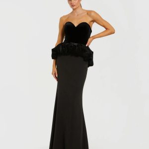 Black Strapless Velvet Peplum Gown
