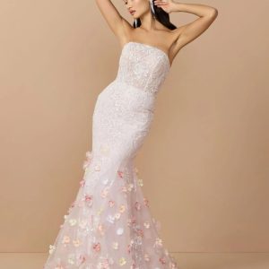 Pink Strapless Embellished Mermaid Gown With 3D Floral Hem