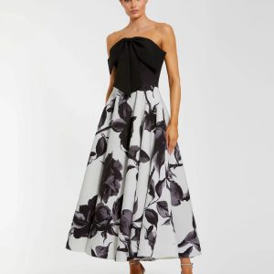 Black and Gray Floral Strapless Midi Dress With Bow