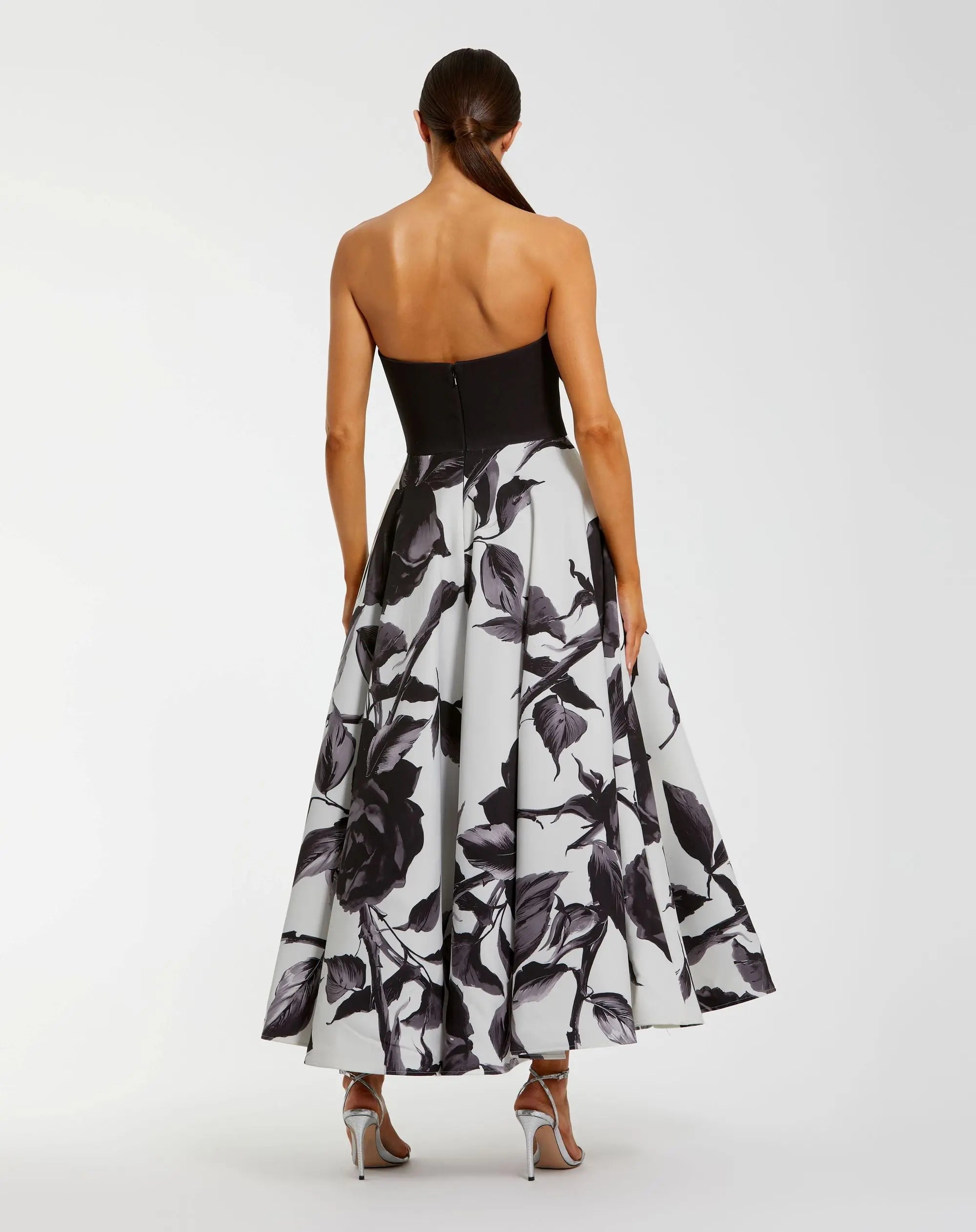 Black and Gray Floral Strapless Midi Dress With Bow - Image 3