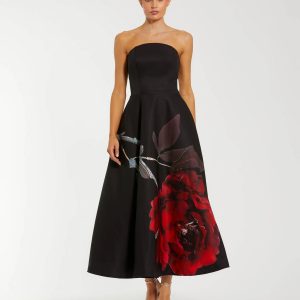 Black Satin Printed Strapless Midi Dress With Pockets