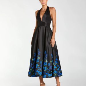 Black Halter Neck Floral Printed Satin Midi Dress