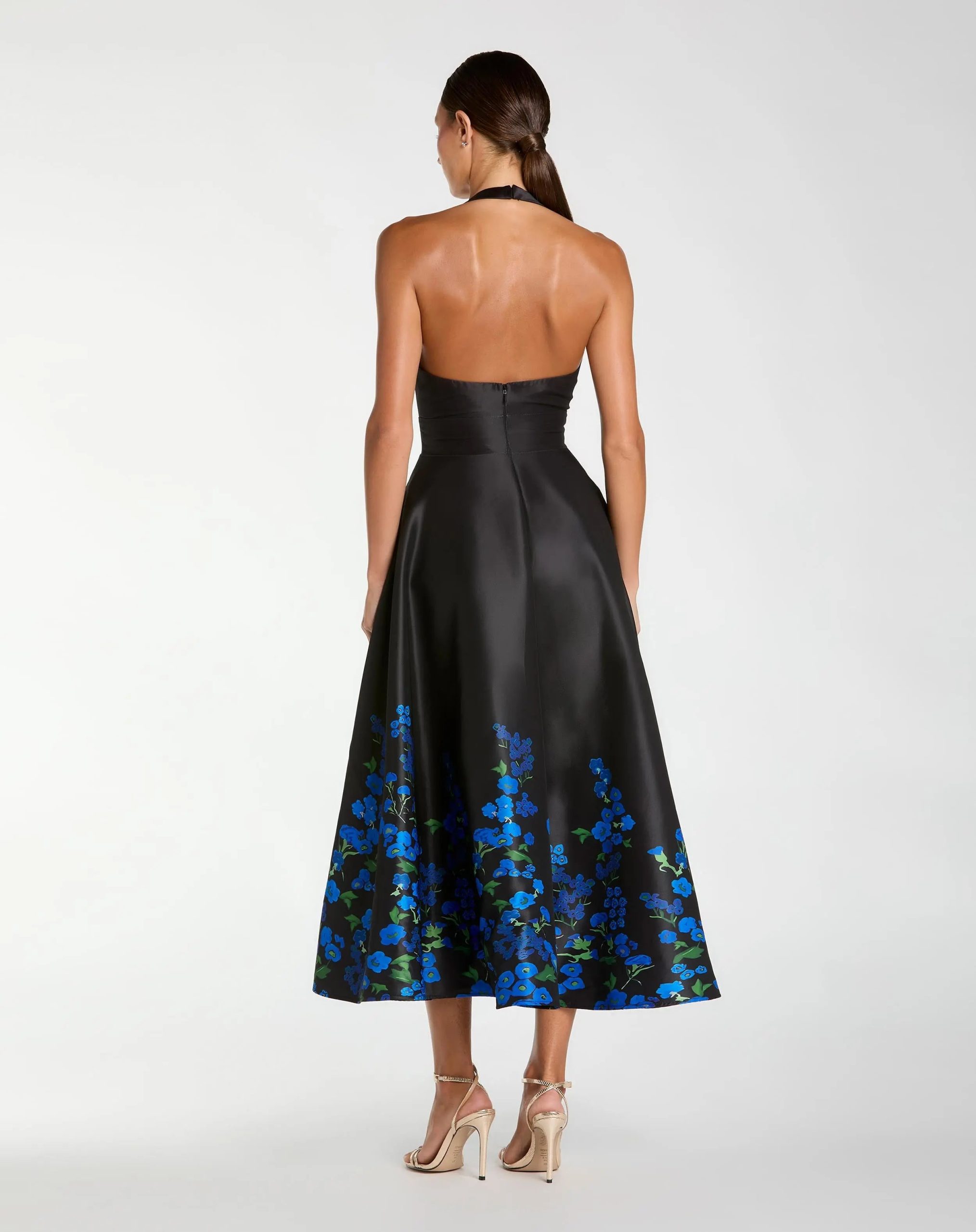 Black Halter Neck Floral Printed Satin Midi Dress - Image 3