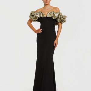 Black Mermaid Gown With Off The Shoulder Ruffle Detail