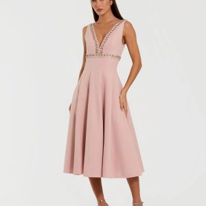 Pink Rhinestone Embellished Crepe A Line Midi Dress