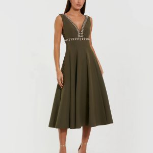 Green Rhinestone Embellished Crepe A Line Midi Dress