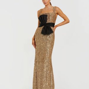Gold Sequin Square Neck Column Gown With Faille Bow