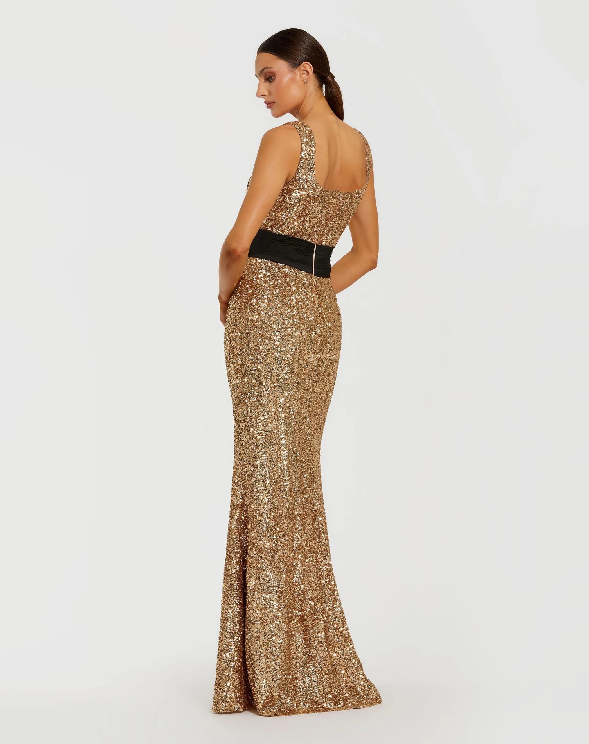 Gold Sequin Square Neck Column Gown With Faille Bow - Image 3