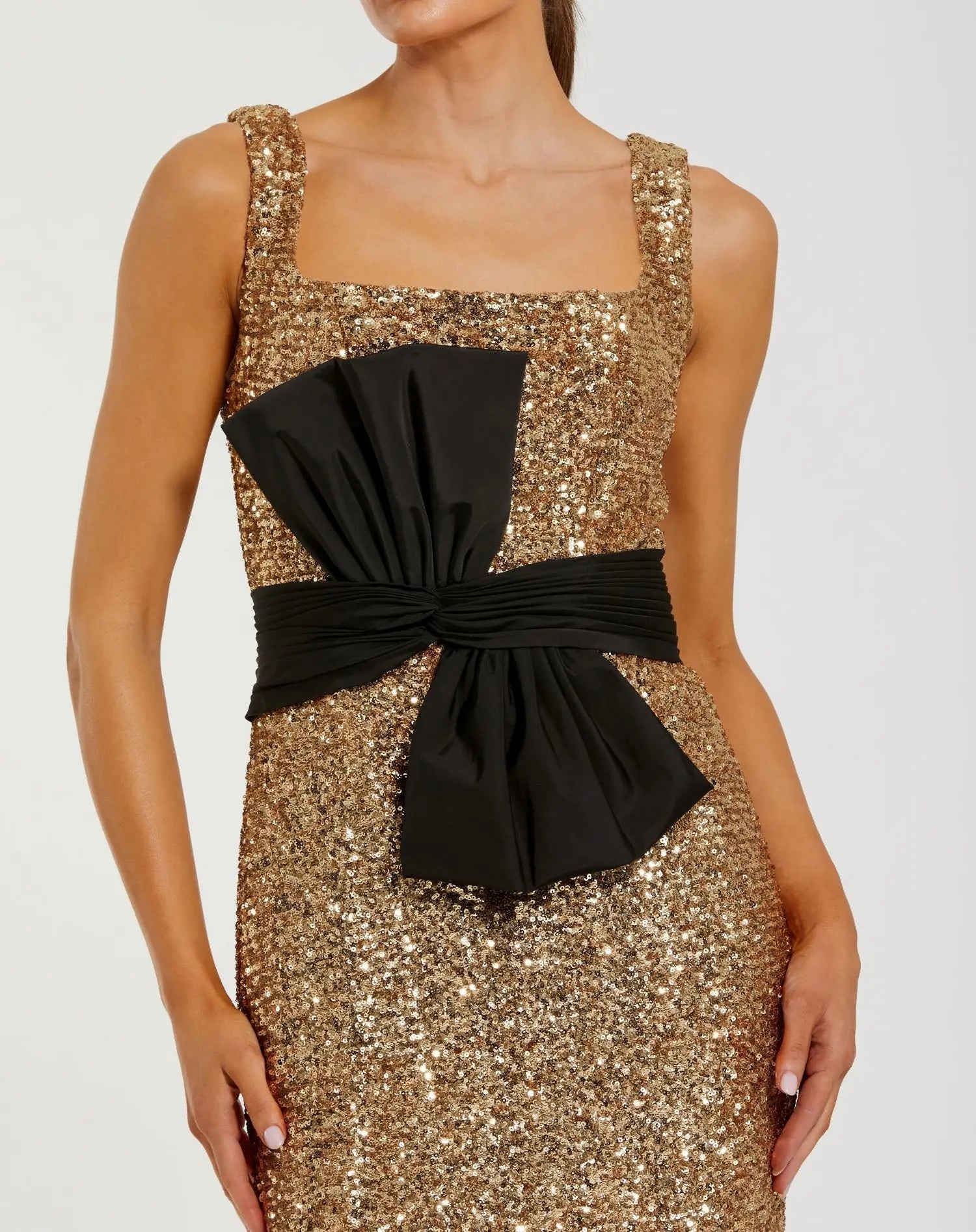 Gold Sequin Square Neck Column Gown With Faille Bow - Image 2