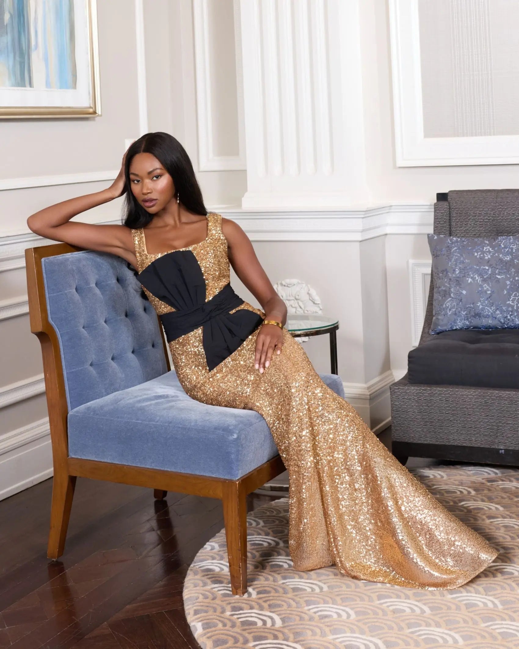 Gold Sequin Square Neck Column Gown With Faille Bow - Image 6